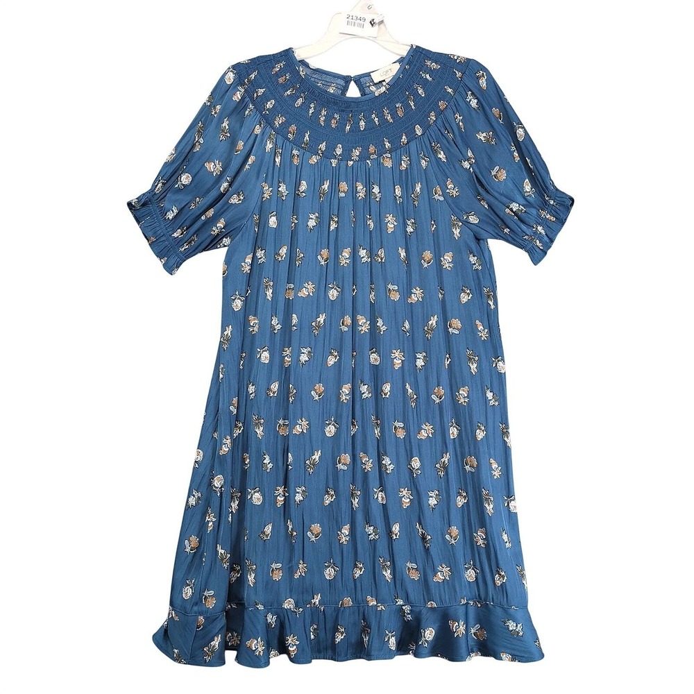 LOFT Blue Floral Satin Shift Dress Sz L Smocked Puff Sleeve Knee-Length Cottage